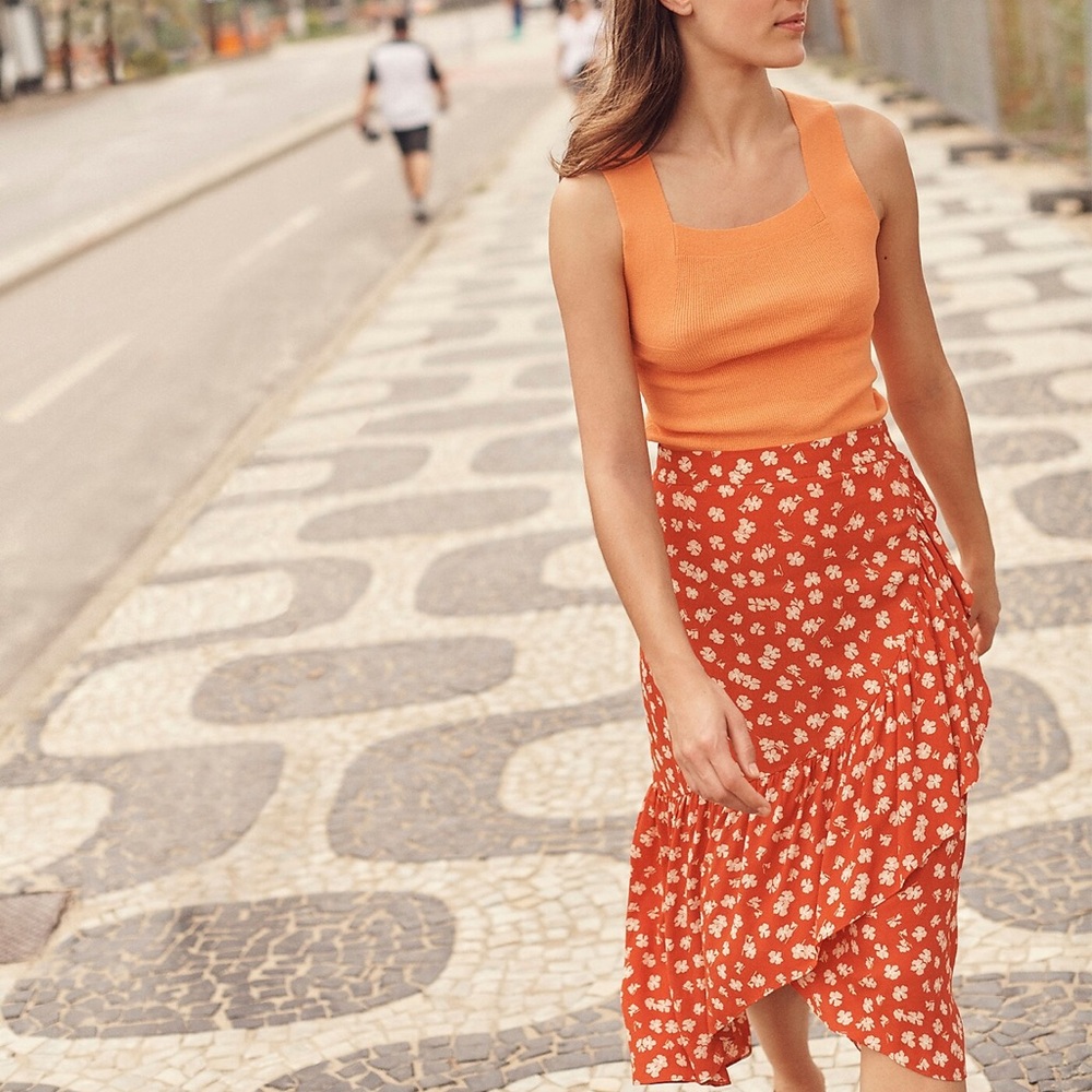Madewell Ruffle-Wrap Midi Skirt in Happy Hibiscus